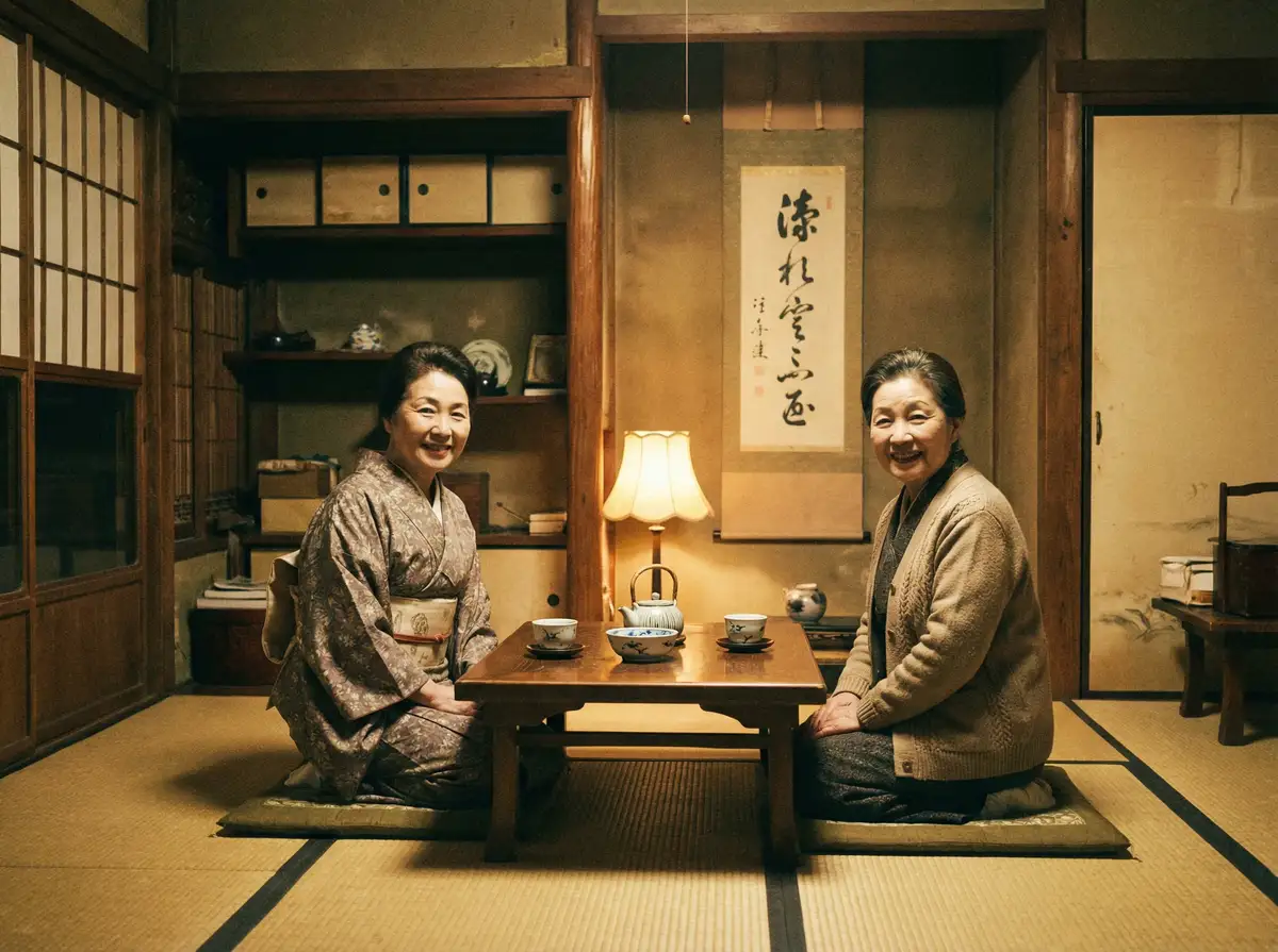 两位优雅的 国产51 在日式茶室中品茶交谈